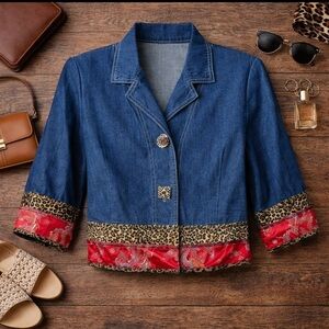 Vtg Nina Piccalino Sz 6 Boho Denim Crop Jacket Leopard Oriental 3/4 Sleeve USA